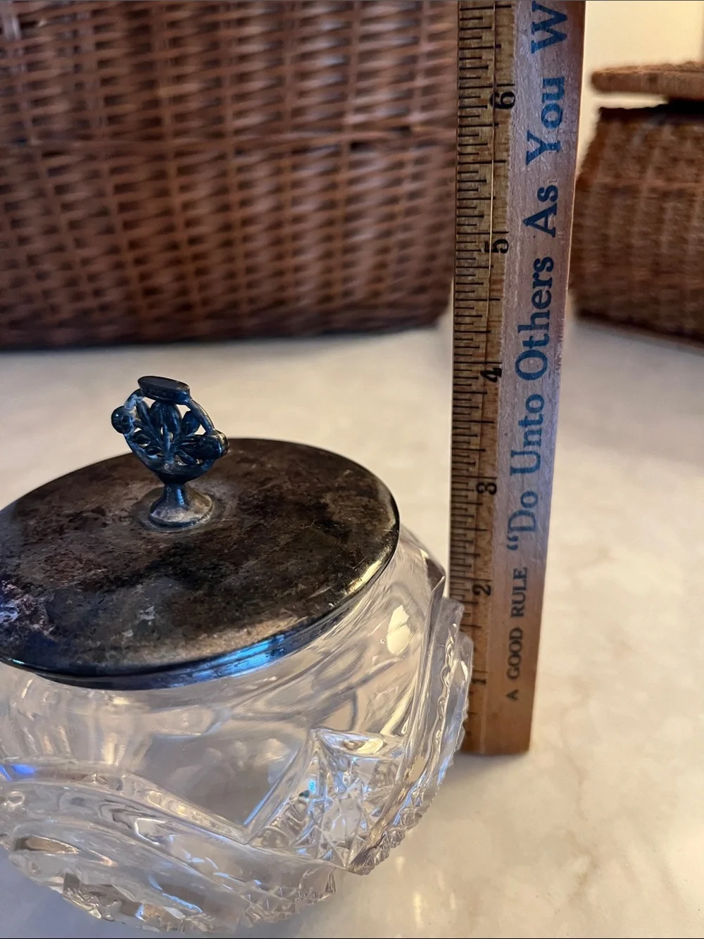 Vintage cut crystal and ornate silver plate lid vanity jar and small floral jar